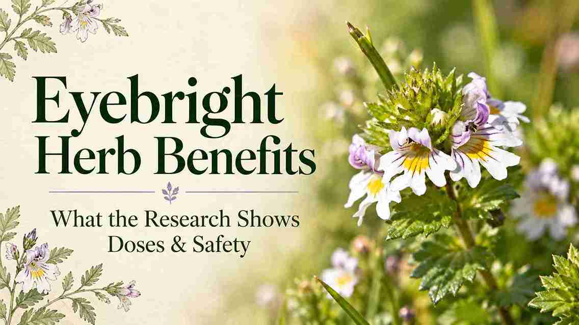 Eyebright herb benefits with white flowers, purple veins and yellow centres against green foliage